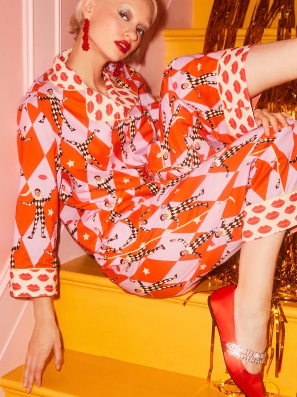 Karen mabon 2 piece harlequin vibrant orange luxe satin pajama set NWT SZ M